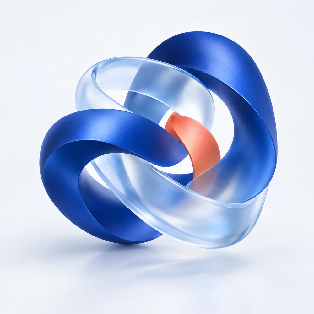 Interconnected blue ribbon sculpture representing connected digital systems